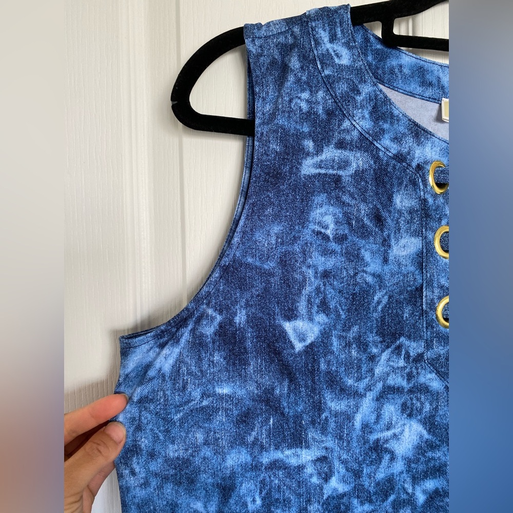 MICHAEL KORS Sleeveless Tie Dyed Denim Blue Lace Up Neck Tank Mini Dress Size L - Picture 7 of 14